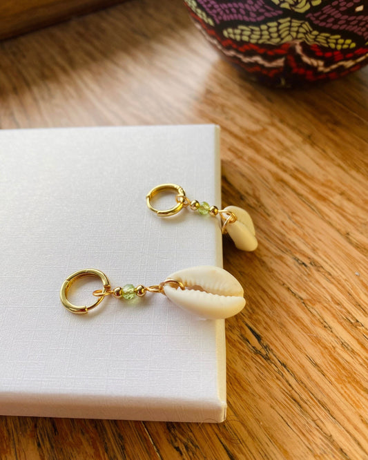 Green Cowrie Shell Earrings